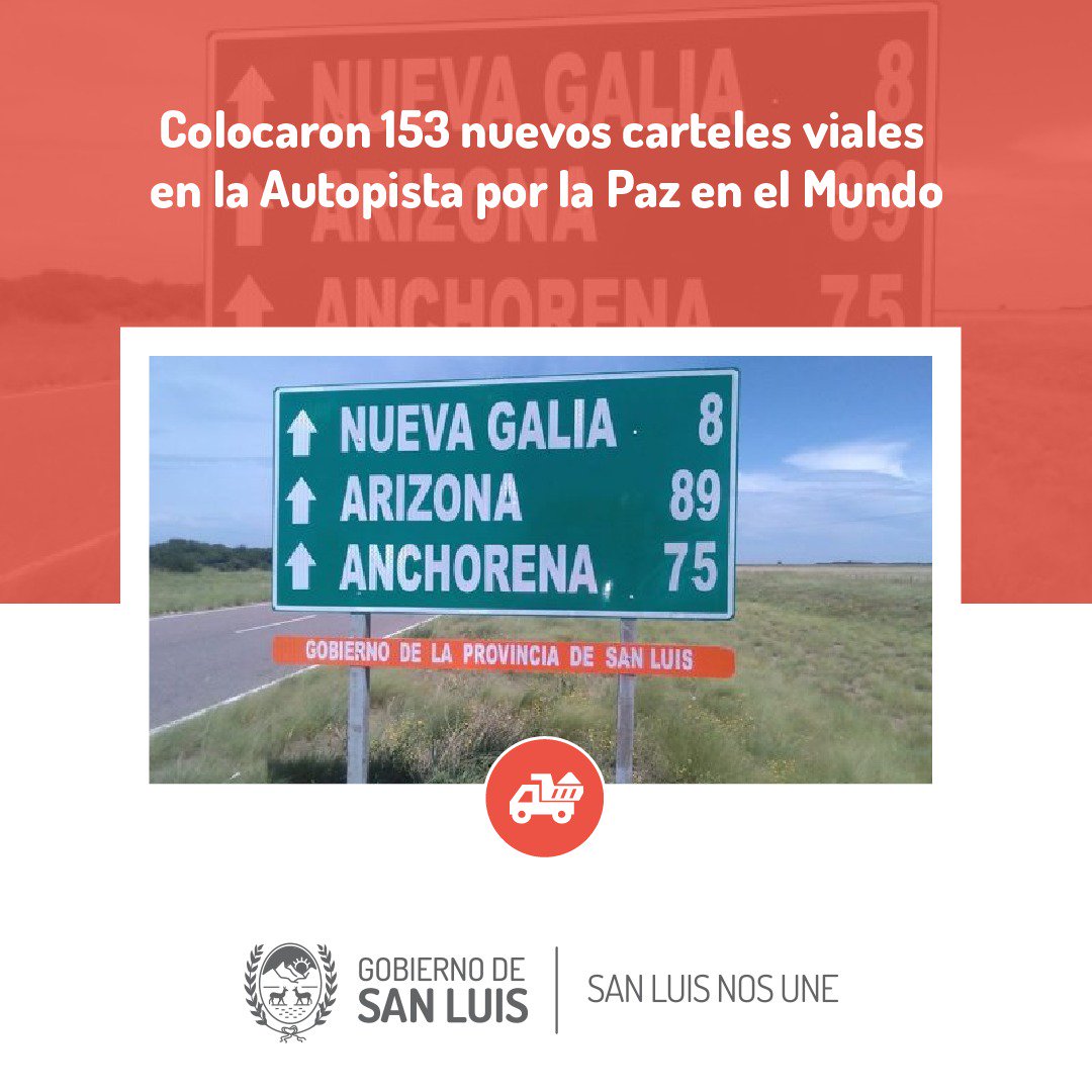 sanluisgob's tweet photo. #EnteControlDeRuta
COLOCARON 153 NUEVOS CARTELES VIALES EN LA AUTOPISTA POR LA PAZ EN EL MUNDO.-
Todos son de señalización vertical y están ubicados en un tramo de más de 150 kilómetros, entre Villa Mercedes y Nueva Galia.- https://t.co/Ml2jKW4ste https://t.co/HOhpT2qPNs