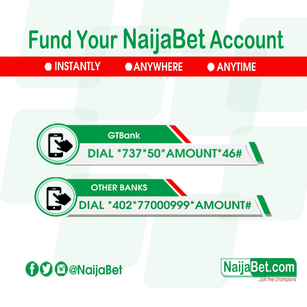 NaijaBet's tweet photo. Super easy way to credit your @NaijaBet account from your Bank account.

Any Where, Any Time Just Dial 📲

👉 GTBank Users > *737*50*Amount*46#

👉 Other Banks > *402*77000999*Amount#

No Charges.

#NaijaBetEasyFunding https://t.co/BGMdcsXkzl