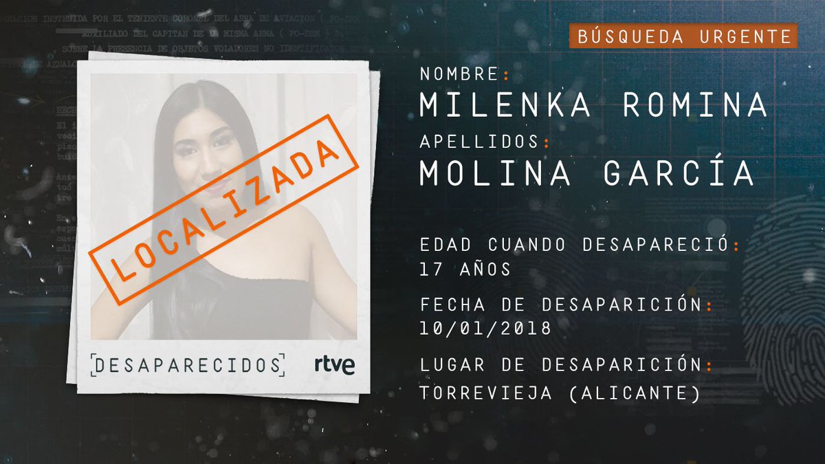 DSP_tve's tweet photo. 🔵 Ha sido localizada en BUEN ESTADO Milenka Romina Molina García. Muchas gracias a todos por vuestra colaboración. #Desaparecidos https://t.co/6Jufm8iUgZ