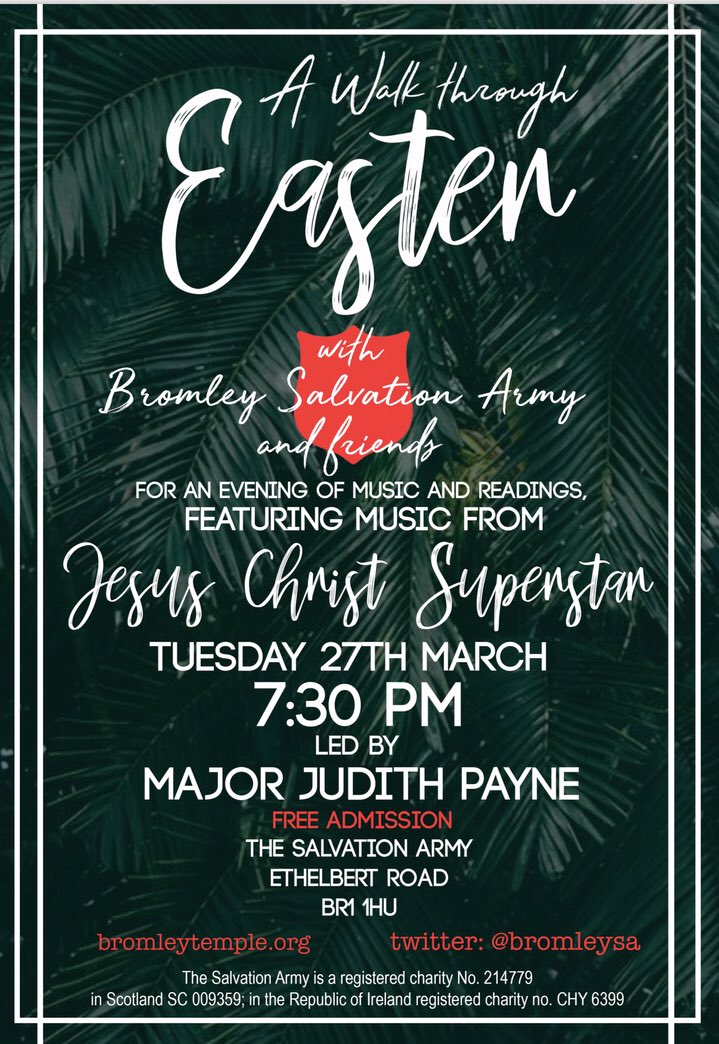 BromleySA's tweet photo. Date for your diary! 
A Walk through #Easter - Tuesday 27th @ 7.30pm
If the Easter story is a mystery to you, come along and learn more! All welcome! Free admission. 
#music #brassband #holyweek #BromleyFL #Bromley @salvationarmyuk https://t.co/5OI8xoBstA