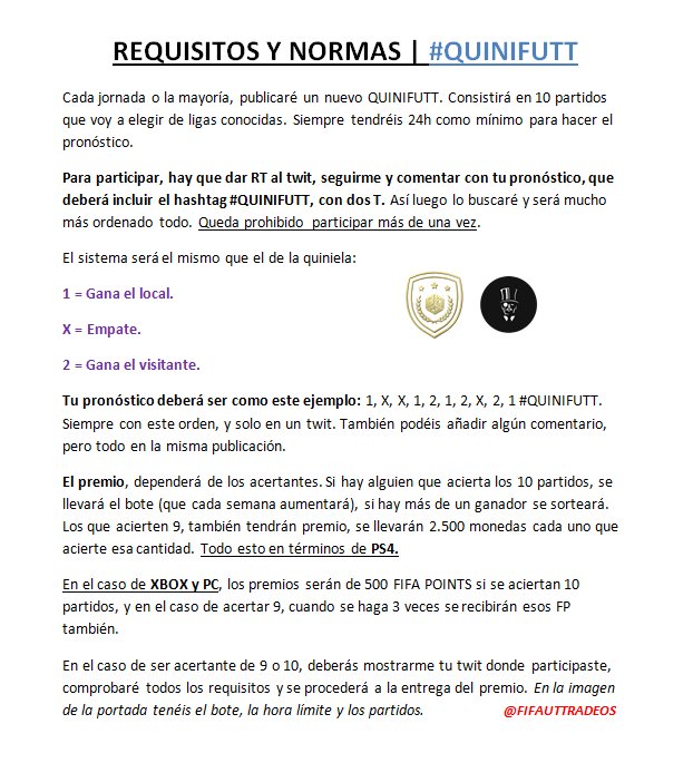 ¡150.000 MONEDAS GRATIS!

¡Vuelve el #QUINIFUTT! Pronostica la jornada de este fin de semana y llévate monedas o FIFA POINTS, totalmente gratis!

¿Cuanto sabes de fútbol? ⚽️

Comenta con el hashtag, sígueme y dale RT. ¡Nada más!

¡Suerte, 51h para participar!
