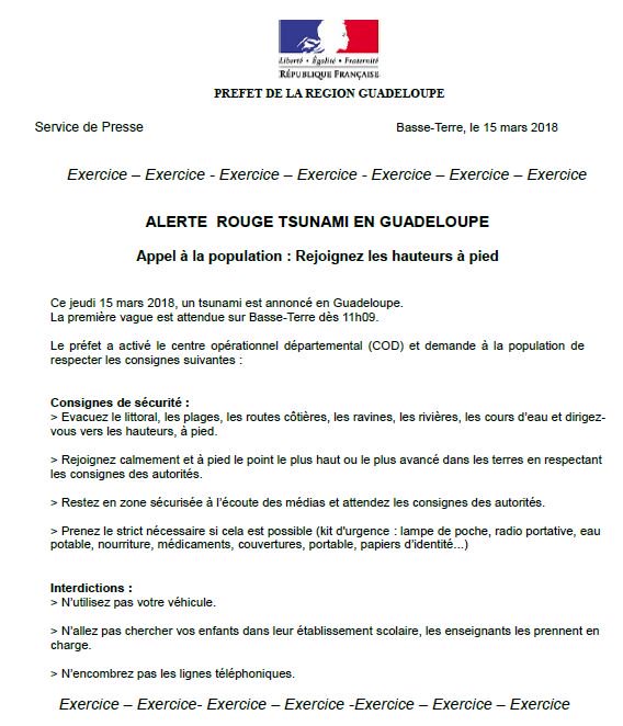 Prefet971's tweet photo. Exercice #Caribe Wave en #Guadeloupe. Alerte tsunami. Rejoignez les hauteurs à pied, n'utilisez pas votre véhicule. Diffusez ce message avec le communiqué ci-dessous https://t.co/Pc1bbVrhDi
