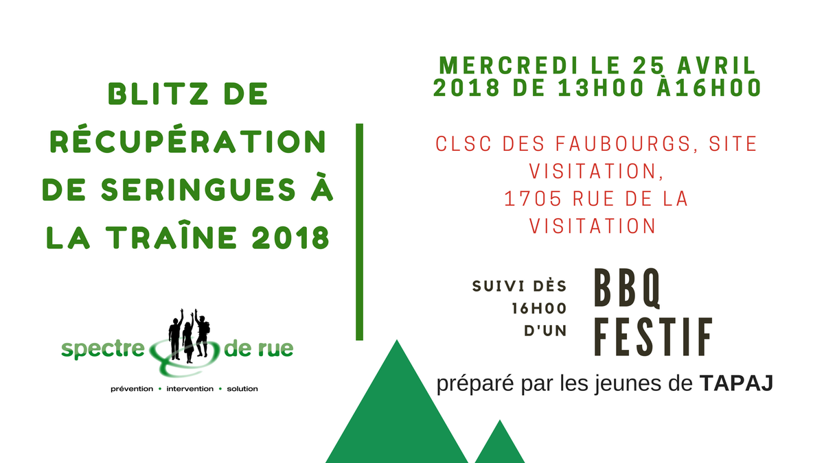 Ne manquez pas notre blitz de récupération! Nettoyons le quartier des déchets de consommation et seringues qui traînent dans l'environnement suite à la fonte de la neige. SVP CONFIRMEZ VOTRE PRÉSENCE afin de prévoir le matériel au 514-528-1700 ext. 224 #BLitz #spectrederue