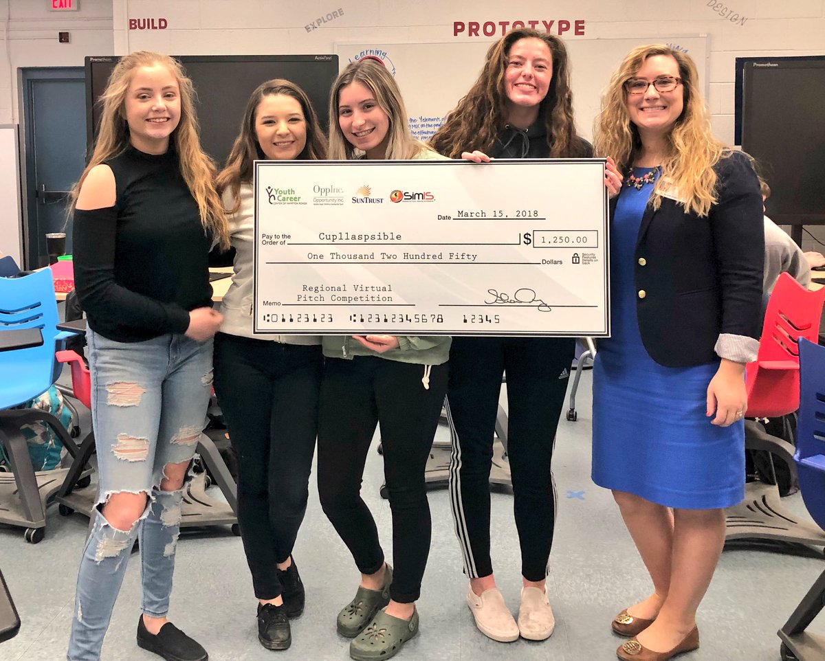 MrsALHouchins's tweet photo. So incredibly proud of @cupllapsible team Kenedee, Sam, Olivia, and Ryle for winning the Hampton Roads Pitch Competition! They are the first @KempsAcademyINC funded team! Way to go!! 🎉 @incubatoredu https://t.co/iQYLYQ3jXp