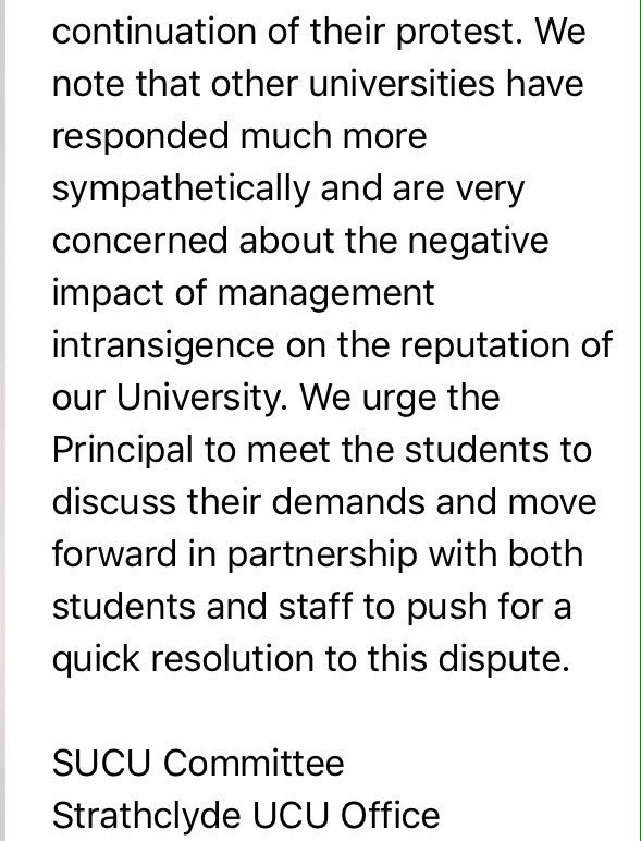 Message of support to <a href="/OccupiedStrath/">Strathclyde Students in Occupation</a> from comrades in the Strathclyde UCU. #NoCapitulation