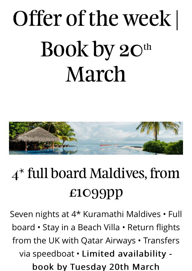 Don't miss out on this weeks amazing special offer for @KuramathiISLAND!  #kuonitravel #kuonidorking #specialoffer