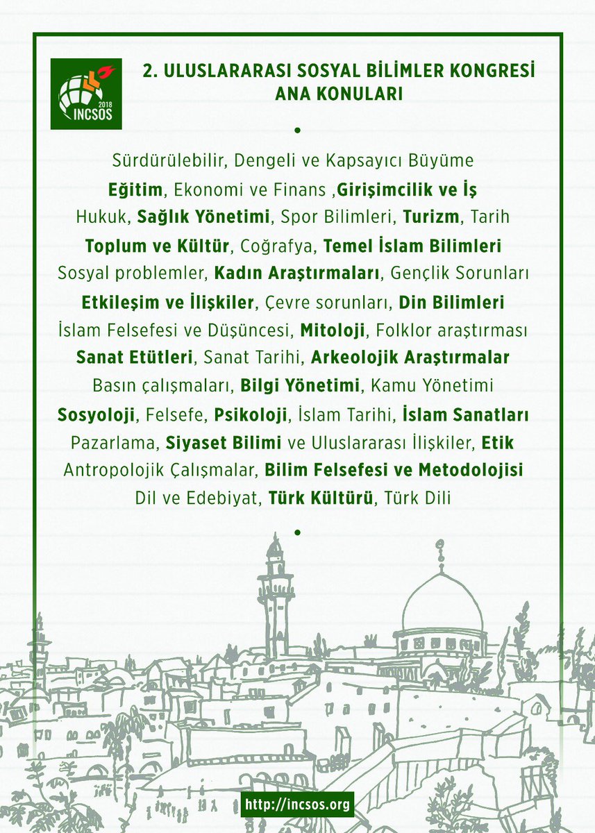 Incsos's tweet photo. 2. Uluslararası Sosyal Bilimler Kongresi’nde ele alınacak konu başlıkları
#INCSOS2018 #Kudüs https://t.co/diDXkKMhrf
