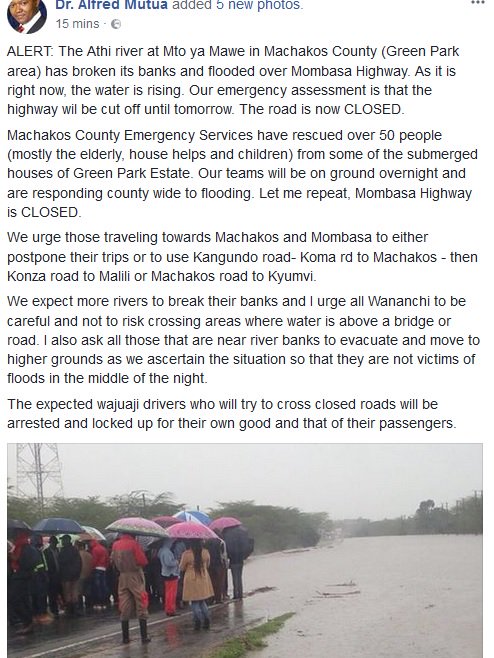 LordOfPoverty's tweet photo. @RoadAlertsKE : Mombasa Rd Closure announcement by @DrAlfredMutua #NairobiRains #NairobiFloods #NairobiDownpour @Ma3Route @kot https://t.co/GSB9zDo0LF