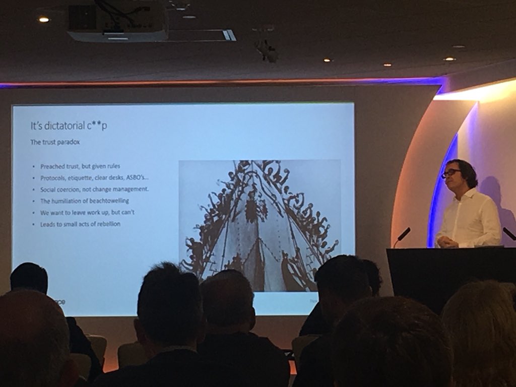 EngageWellbeing's tweet image. The trust paradox and the humiliation of ‘beachtowelling’ leads to small acts of rebellion in agile workplaces says @workessence #agileworking18 #agileworking2018