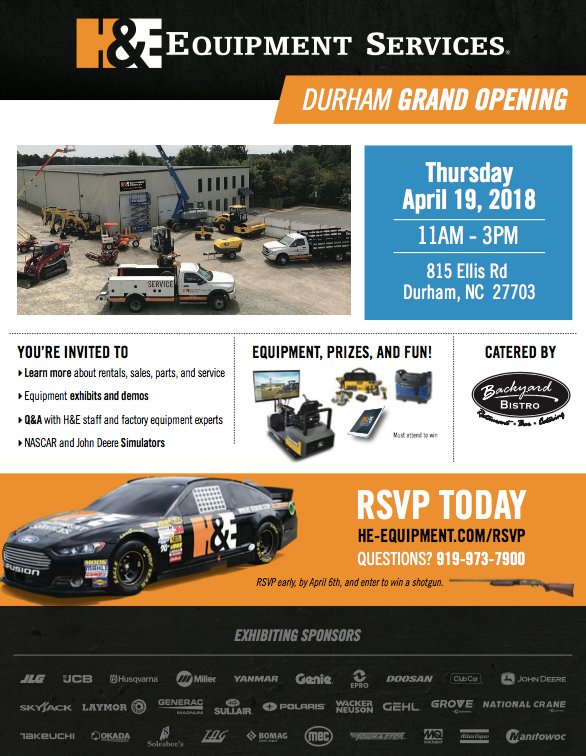 _GoEPRO's tweet photo. We are proud to sponsor H&E's grand opening in #Durham, NC. If you are in the area, come on out for some food, fun, and learn about #equipment, #safety, and more! We look forward to seeing you there! #GoEPRO #GrandOpening #EquipmentRental https://t.co/9YSVGv0oaM