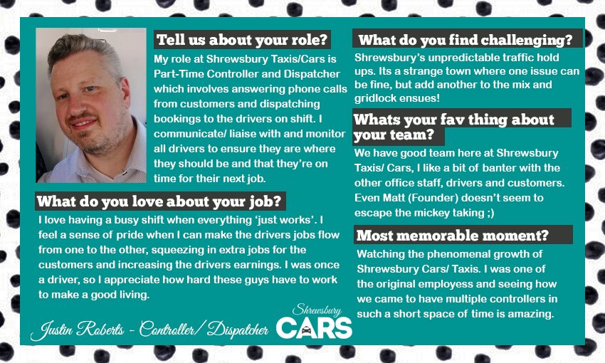ShrewsburyTaxis's tweet photo. There’s no way we could be just as awesome 🔝💥 as we are, without the amazing staff 👫👭👬 we have behind the scenes here at #STHQ 🏢🏢🚕🚕🚕💨Infact, they’re so great we’re sharing a little more about them so you can get to know us a little better 😀 Next up the fab Justin 🧔🏻 https://t.co/u2zfLrAdCZ