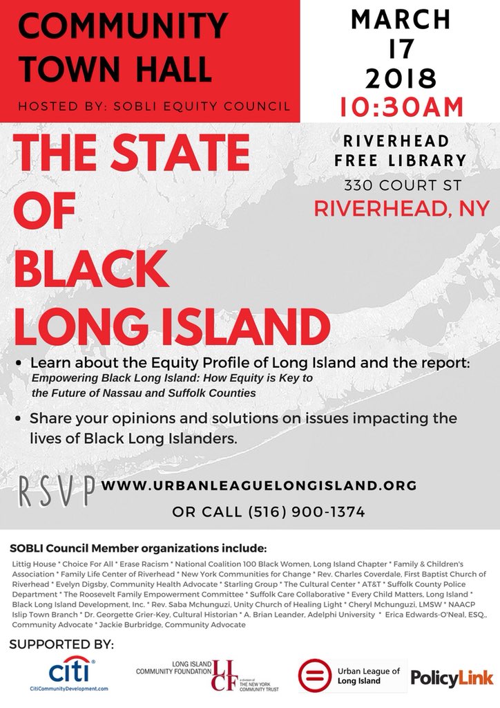 solinyevents's tweet photo. Town Hall on Saturday in #Riverhead, hosted by @LIurbanleague on the State of Black Long Island. Come share your ideas and solutions on how #LongIsland can achieve racial equity #thisweekend #thetimeisnow #eastend #LIlife https://t.co/FTtsGcvy4w