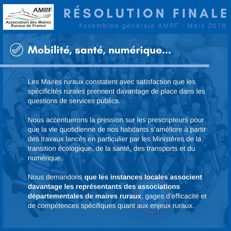 Maires_Ruraux's tweet photo. #MOBILITE, #SANTE, #NUMERIQUE // AG 2018 #ResolutionFinale : améliorer la vie quotidienne des habitants des communes rurales. https://t.co/SkKNEoe5tr