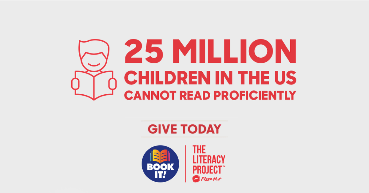 pizzahut's tweet photo. Did you know 25M kids in the U.S. don’t read at their grade level? We’re partnering with @FirstBook to #HelpStartANewChapter and change this. Join our efforts and donate to The Literacy Project: https://t.co/88YucZQ12H https://t.co/nVBWSKIG88