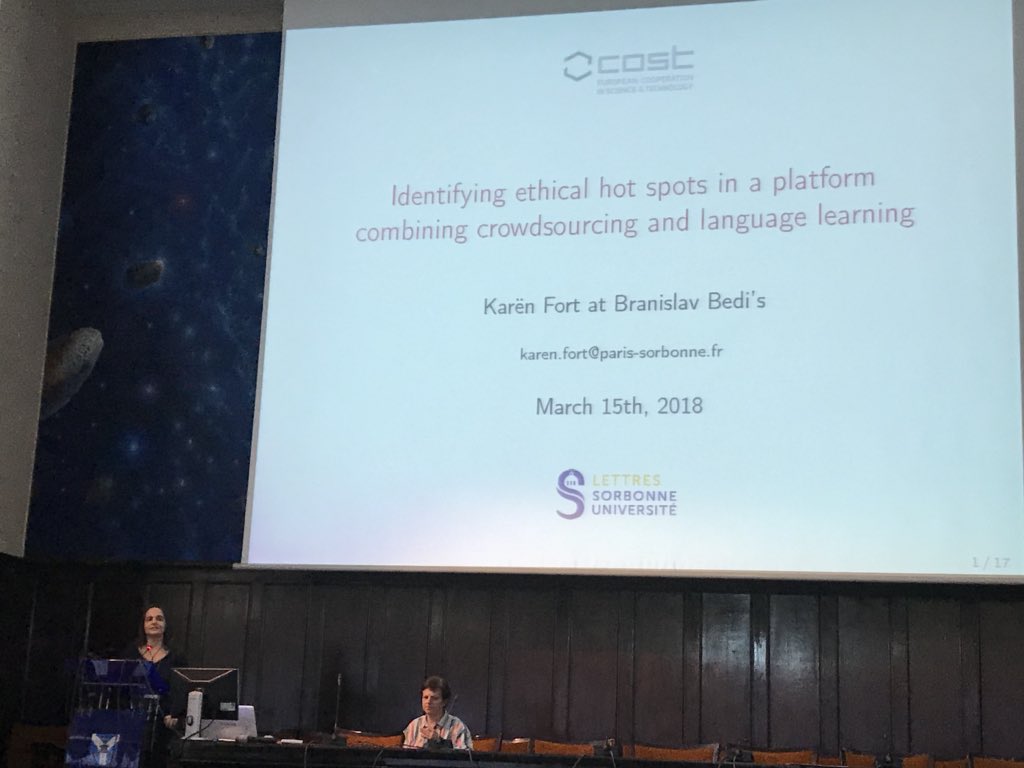 EnetCollect's tweet photo. WG5-“Identifying ethical hot spots in a platform combining crowdsourcing and language learning” presented by Karen Fort @EnetCollect @COSTprogramme #ethics #nlp #crowdsourcing #EnetCollect https://t.co/yIzSYHkGSL