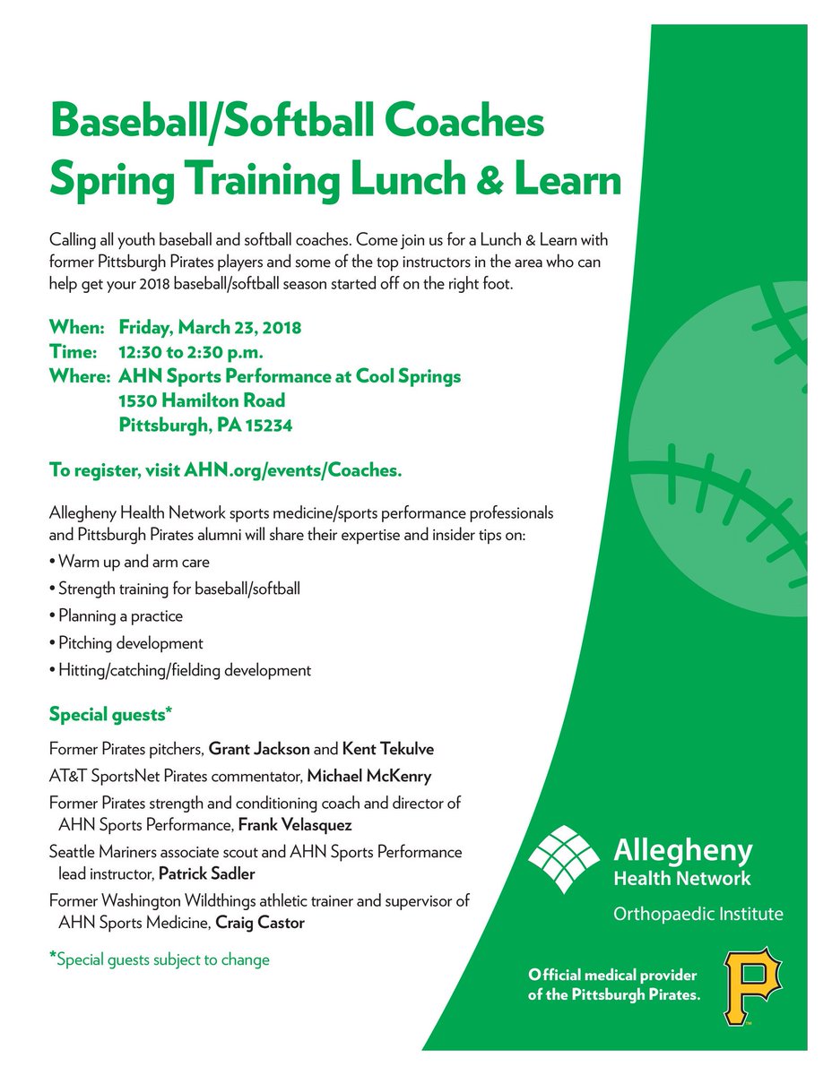AHNSportsMed's tweet photo. Join us @ Cool Springs for a baseball/softball coaches clinic on March 23rd where Sports Medicine &amp; Sports Performance professionals as well as former @Pirates will be on hand to share their knowledge and tips. Visit https://t.co/muHvuwMZ9A to register. @AHNtoday @playcoolsprings https://t.co/Huq8xT1FEN