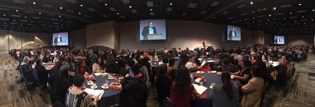 pcbugler's tweet photo. 800+ delegates at #tiec2018 starting off with Dr. Leroy Little Bear. Ninanaskomon kiteyahk (I am thankful to our elders) Gladys Wapass Greyeyes and Edwin Tootoosis for starting us in a good way.  @TIEC2018 amazing lineup of keynotes and presentations. https://t.co/jAYjcgR8sh