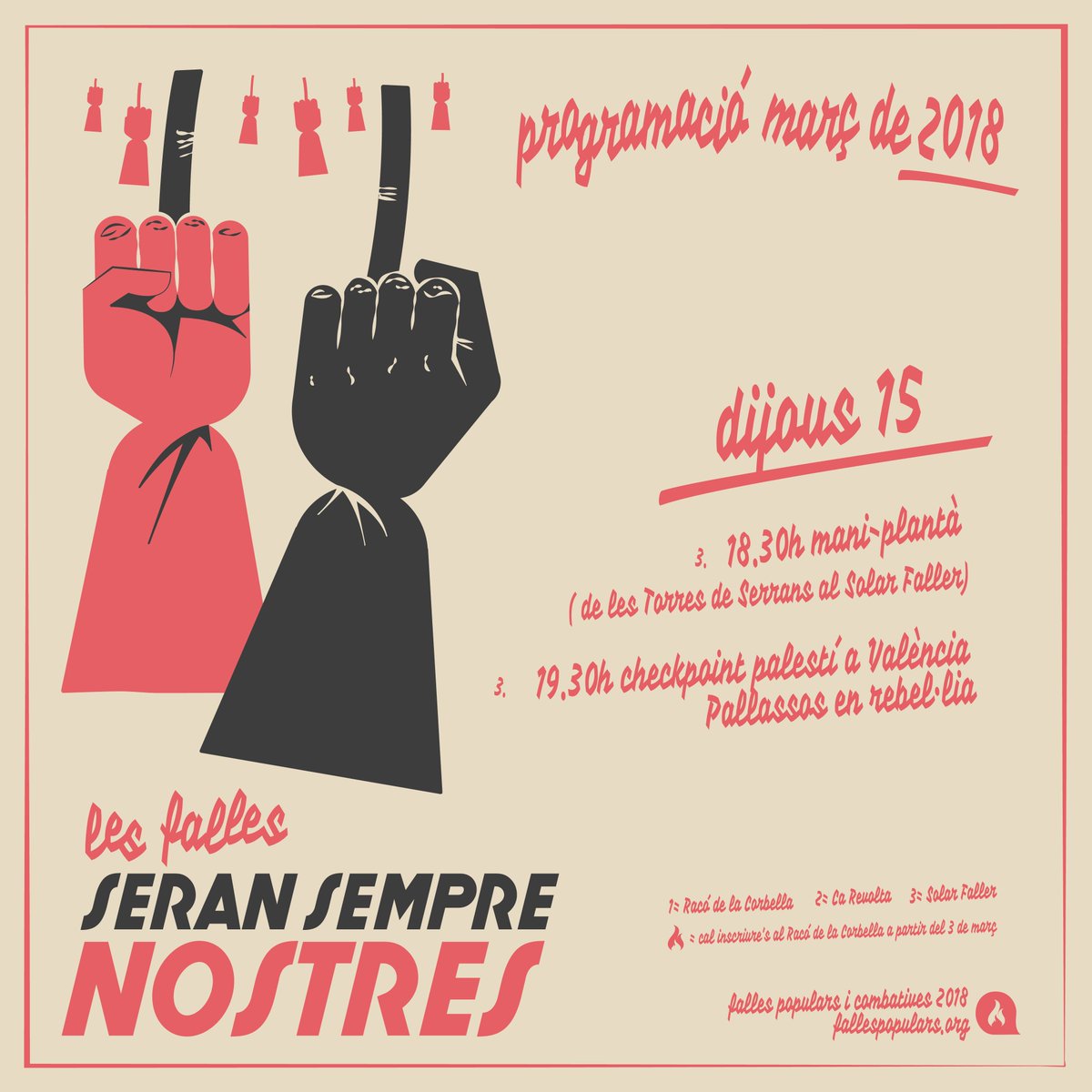 FallesPopulars's tweet photo. Bona vesprada falleres! Si voleu vore els vostres lemes a la #falla2018 us esperem a les 18:30h a les Torres de Serrans per començar la #ManiPlantà i a les 19:30 checkpoint palestí🇵🇸
@ensayoerror @crearqcio @BDSPaisValencia @EntreBarris
#LesFallesSeranSempreNostres https://t.co/D9NL4AMEAa