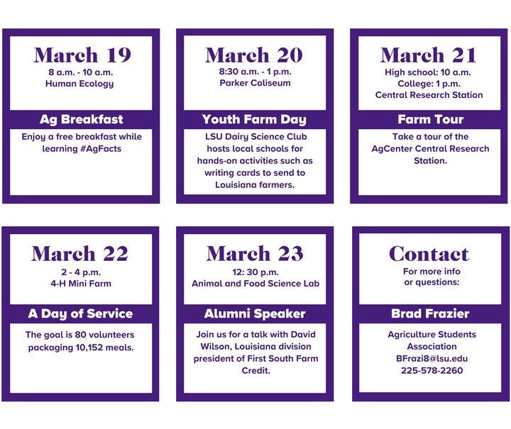 LSUCollegeofAg's tweet photo. #LSUAgWeek is next week! Screenshot the schedule so you don’t miss out 🤠 https://t.co/4dG9Qc8EaJ