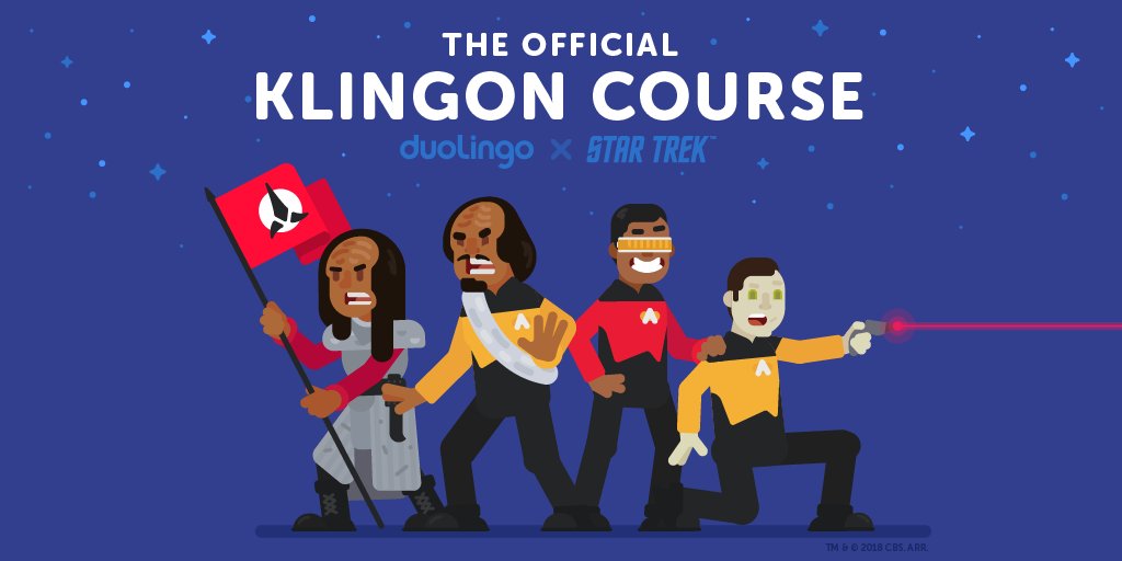 duolingo's tweet photo. Qapla'! The official Duolingo and @StarTrek Klingon course is now available. Start learning on Web: https://t.co/lpMJNdk5kK https://t.co/QzCs4CgcIP