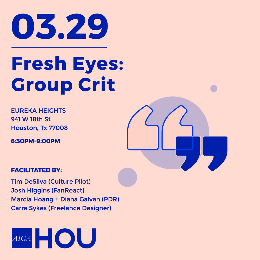 aigahouston's tweet photo. Hey everyone! Portfolio Review is right around the corner, but don't worry if you have a project or 2 you're struggling with.  We've invited some fresh eyes for a group critique on 3/29 at Eureka Heights. Register at https://t.co/Zu1FEhPIF1 https://t.co/rD7Z51czpA