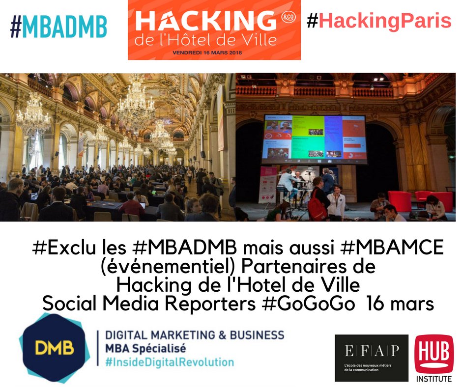 VincentMontet's tweet photo. #Proud #Demain Suivez #HackingParis #MBADMB nos étudiants @MBADMB mais aussi #MBAMCE (event @AnneFGS ) seront les #SocialMediaReporters de ce top évent ! Merci à @Paris_Incub pour sa confiance et heureux de partager cela avec @CELSA_Officiel https://t.co/VHfiV0XJYp
