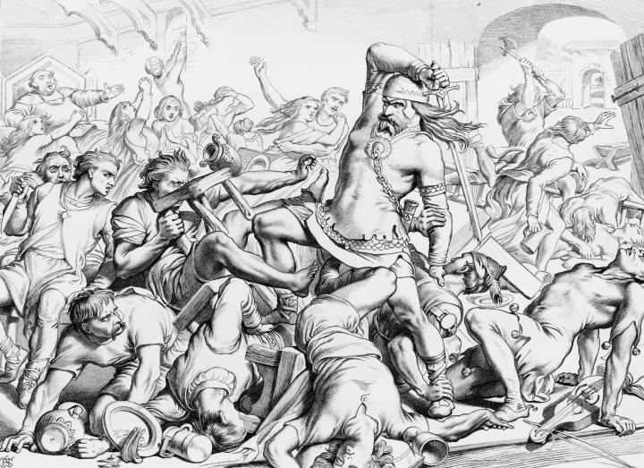 WakeHereward's tweet photo. The Slaughter of the Normans at #Bourne Hall by #HCSelous (1870).
#Hereward returned from exile to find Normans had taken over his father's estate &amp; murdered his brother. The next morning 14 Norman heads were hanging from the entrance to the house..
https://t.co/acPPQEeioy https://t.co/bIvJQMyXVR