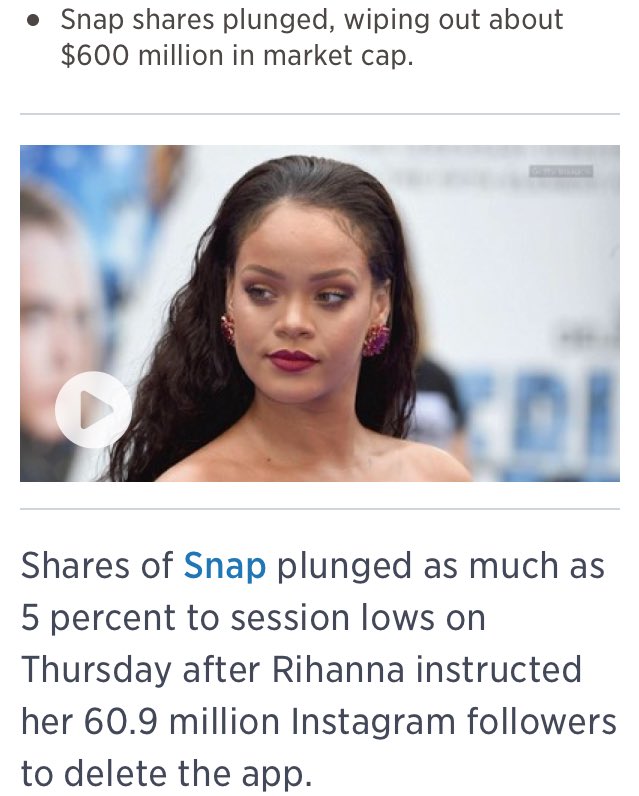 chRIHssy's tweet photo. After Rihanna instructed her 60,000,000 Instagram followers to delete Snapchat, the company's shares plunged- causing the it to lose about $600,000,000.00 in market cap in a matter of hours. https://t.co/KewHFSaDDZ
