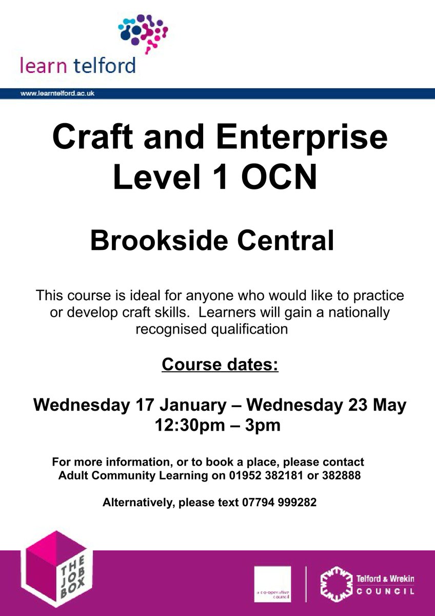 BrooksideCentra's tweet photo. Craft and Enterprise Level 1 OCN 

@Brookside Central 

This course is ideal for anyone who would like to practice or develop craft skills.  Learners will gain a nationally recognised qualification   

Course dates:

Wednesday 17 January – Wednesday 23 May   
12:30pm – 3pm https://t.co/aL4Ork1AtP