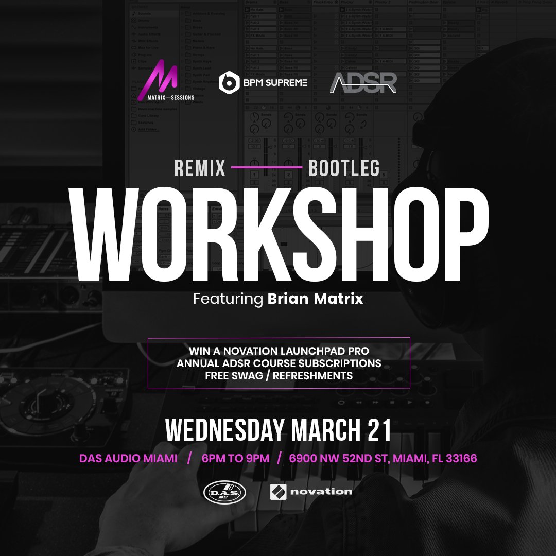 BPMsupreme's tweet photo. Learn from the pros at and bring your remixes and bootlegs to the next level with #MatrixSessions! Join our workshop in Miami on March 21st. Check out more details and RSVP here: https://t.co/h3jpz9vOlJ https://t.co/1vka9ZHEFD