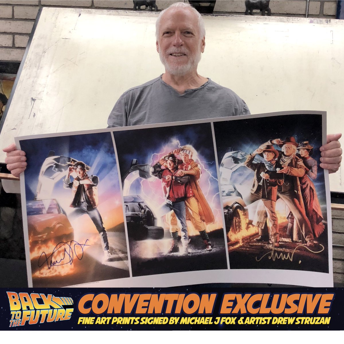 #BackToTheFuture Fan? Check @GalacticGallery's licensed exclusive at   #FXD2018! A special 36'x20' print using hi-res scans from @drewstruzanart original paintings! Available pre-signed by @realmikefox &  @DrewStruzan & unsigned. First come-first served, so stop by booth  #1336!