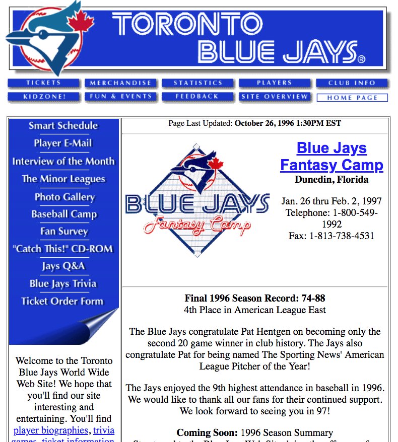 sportslogosnet's tweet photo. Vintage Web Design: Official website homepage of the Toronto @BlueJays, in October 1996 -- just a few weeks before the original logo was replaced. https://t.co/OyZVUS1pPY