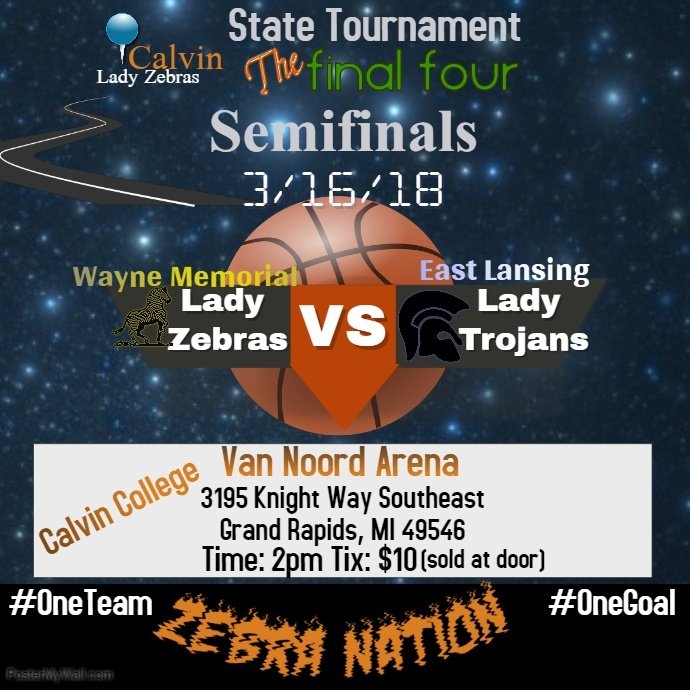 WMGirlsBball's tweet photo. Tomorrow at 2pm, your Lady Zebras play in the State Semifinals!  We look forward to seeing lots of Blue &amp; Gold in the stands!!  Details in the pic...
#MichiganFinalFour
#CalvinBound 
#OneTeamOneGoal
#FearTheStripes https://t.co/jF6rOvNHkD
