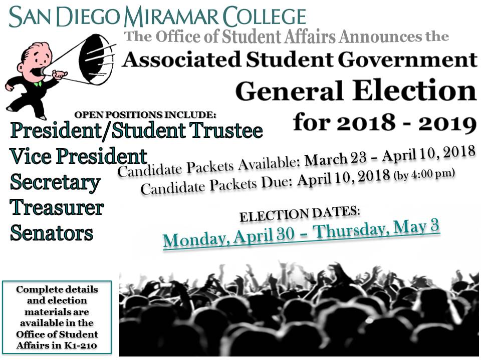 SDMiramar's tweet photo. The Office of Student Affairs is excited to announce the '18-'19 General Election for Associated Student Government leaders! If interested, pick up a candidate packet from Student Affairs between March 23-April 10. Packets are due April 10 at 4 PM. Voting takes place 4/30-5/3. https://t.co/rJTGeemf9m