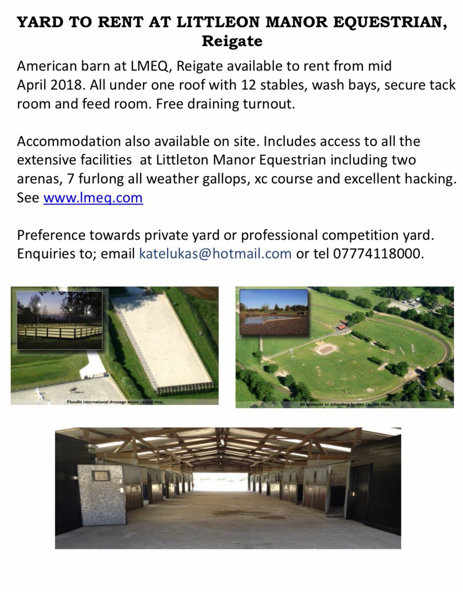 12 stall American Barn avail to rent <a href="/LittletonManor/">Littleton Manor EQ</a>, Reigate from mid April. Great yard &amp; facilities, free draining grazing. Tel 07774118000 / Email katelukas@hotmail.com PLS RT <a href="/EquineHour/">#EquineHour</a> <a href="/TwittaEventing/">Twitta Eventing</a> <a href="/equestrianindex/">Equestrian Index</a> <a href="/EQProperty4sale/">Equestrian Property</a> <a href="/EquiSpy1/">Kate Tarrant</a> <a href="/BEventing/">British Eventing</a> <a href="/SEELChamps/">SouthEastEventLeague</a>