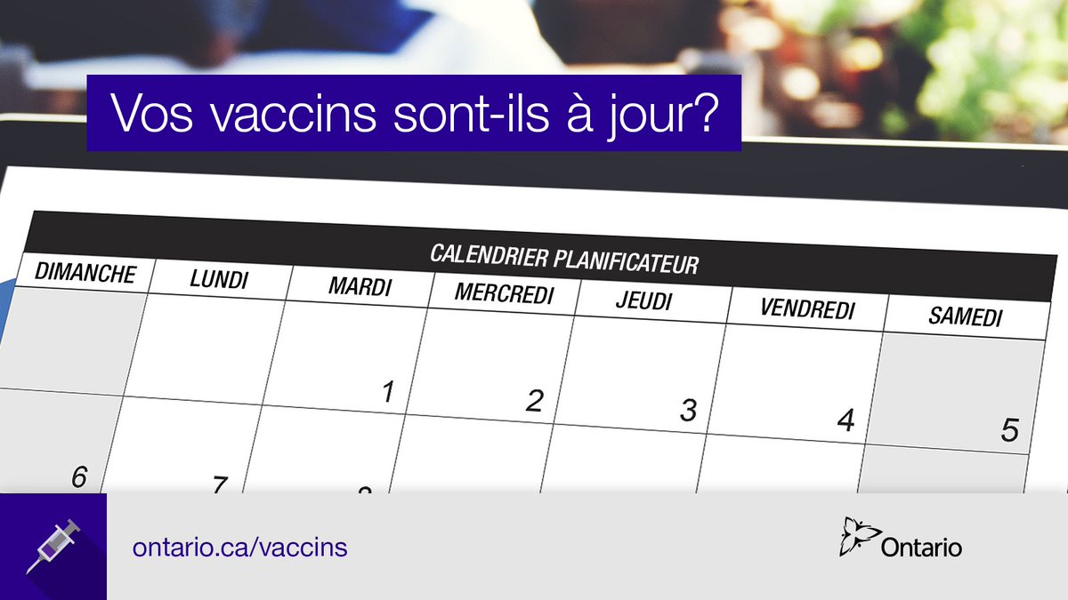 Image d'un calendrier. Texte de l’image : « Vos vaccins sont-ils à jour?

Calendrier planificateur :
Dimanche
Lundi
Mardi
Mercredi
Jeudi
Vendredi
Samedi »