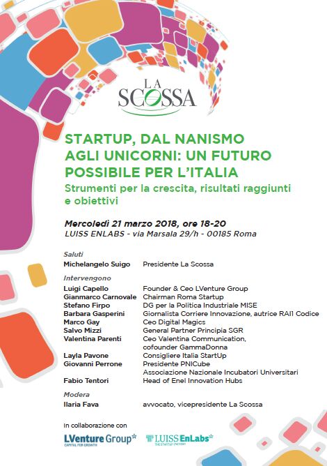 #Startup, dal nanismo agli unicorni: un futuro possibile x l'Italia @LaScossa
il 21/3 in @EnLabs con @gigicapello @LVentureGroup @GCarnovale @RomaStartup @StefanoFirpo @BGasperin @marcogy @DigitalMagicsT @salvomizzi @ValComm @LAYLAPAVONE @gperrone1967 @fabio_tentori Modera I.Fava