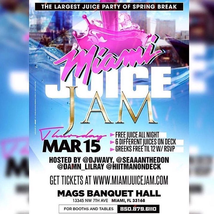 ThickChick850's tweet photo. #MiamiJuiceJam 🚨TONIGHT🚨 at Mags Banquet Hall [📍 13345 NW 7th Ave.] • THE LARGEST [JUICE 🥤PARTY] IN SOUTH FLORIDA☀️| Buy🎟 Tix @ 💻https://t.co/qbi4H9ByPk || EARLY ARRIVAL SUGGESTED!

#SpringBreak #SpringBreakMiami #SB2k18 #SpringBreak2k18 #SpringBreak2018 #MIAMI #305 https://t.co/vC34Y3sZQU