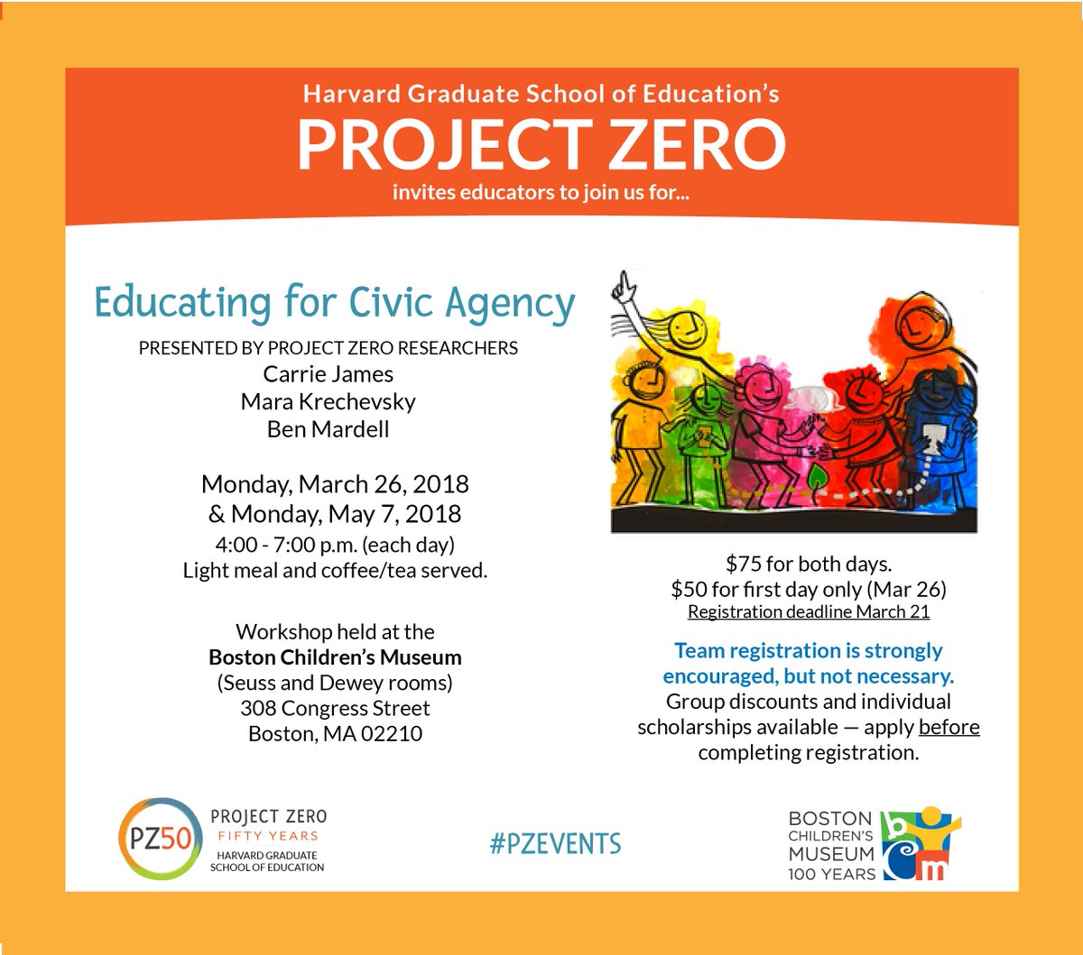 ProjectZeroHGSE's tweet photo. Join us for the first installment of #PZEvents! During “Educating for Civic Agency,” a two-part workshop held March 26 & May 7 at @BosChildMuseum, educators will develop projects that support youth voices & activism. Scholarships and group rates available https://t.co/aqNmTGRSc0 https://t.co/pMFwObuYeE