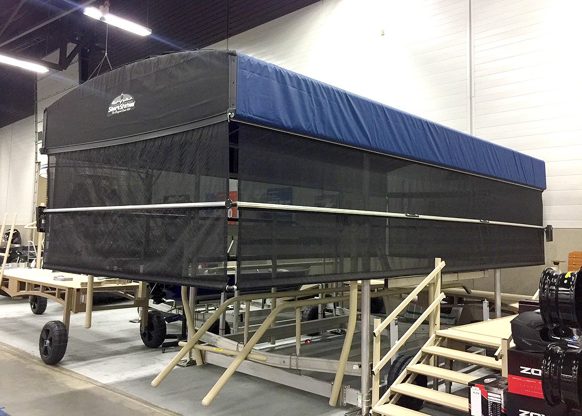 MyShoreStation's tweet photo. Today marks the start of the #EdmontonBoatShow. Go check out our new canopy system represented by @RECPOWERSPORTS_! #BoatShow #ShoreStation #Boating https://t.co/2zmapAaTVE