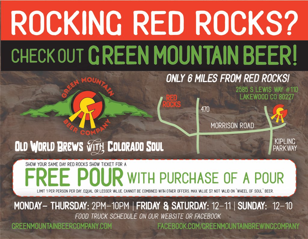 Going to Red Rocks Amphitheater this summer? Stop by our brewery on your way there and get BOGO with your concert ticket!