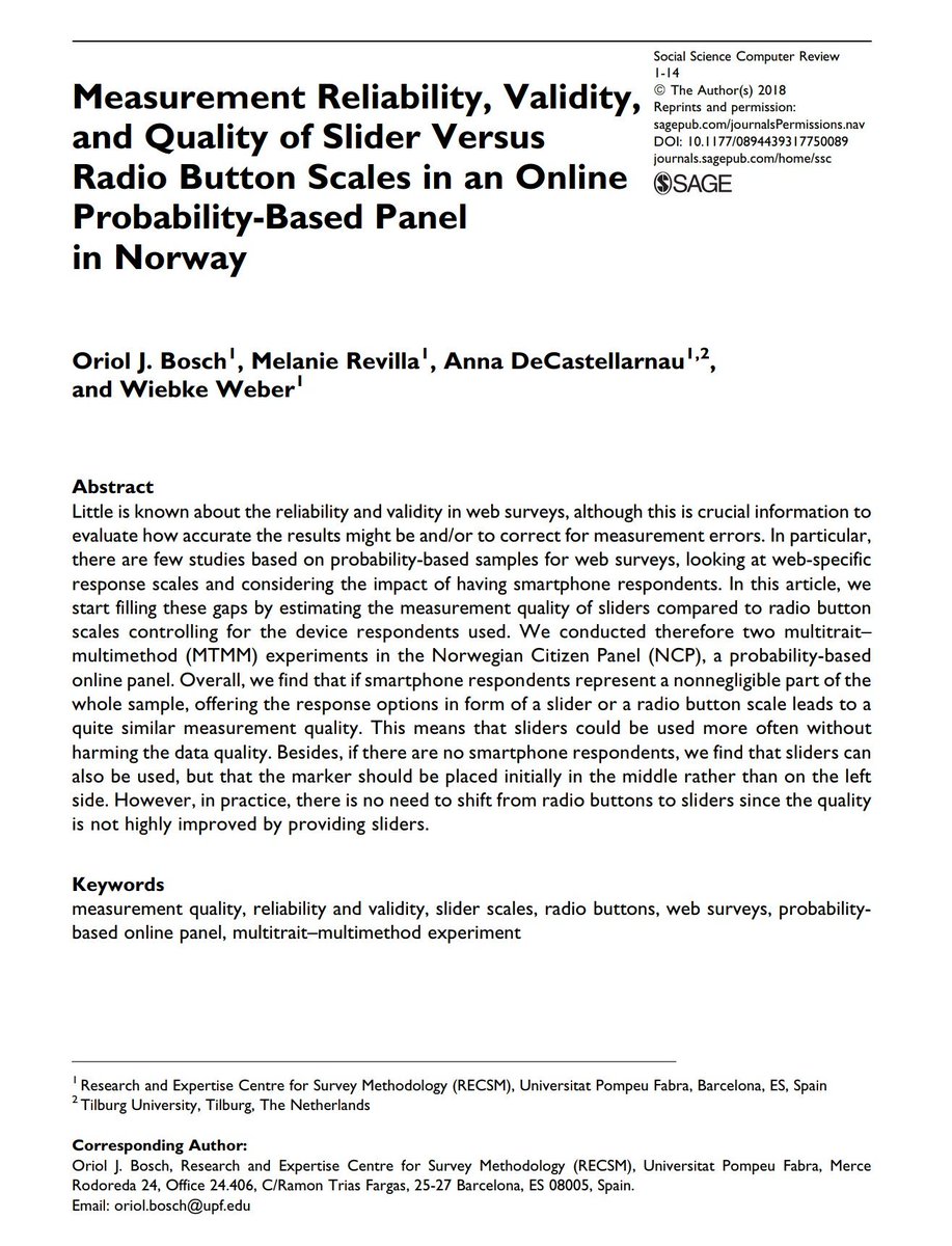 orioljbosch's tweet photo. My paper "Measurement Reliability, Validity, and Quality of Slider Versus Radio Button Scales in an Online Probability-Based Panel in Norway" with Melanie Revilla, A.DeCastellarnau &amp; W. Weber is now published in Social Science Computer Review. Find it here https://t.co/j7YvD6SxF5 https://t.co/gkwkk1lRMD