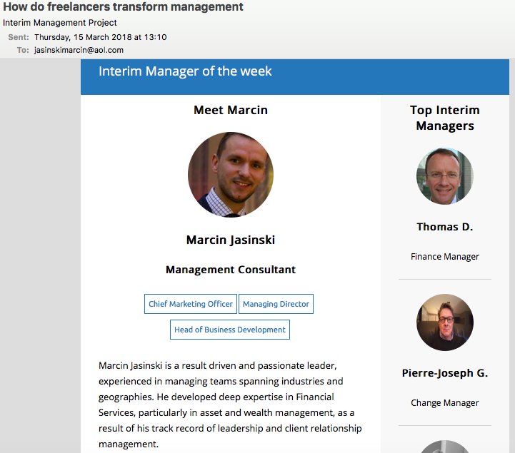 MJ_Jasinski's tweet image. Honoured to be featured in @IM_Projects newsletter today! Find out more about my experience as Interim Manager: ow.ly/UaDv30iXTE4