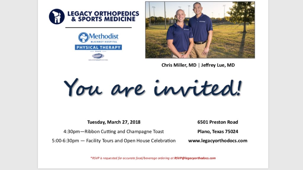 drcrmillertime's tweet photo. Are you are in the DFW area and looking for an orthopedic surgeon? Come check out Legacy Orthopedics open house 3/27/18 from 4:30-6:30. Enjoy a tour of our brand new office!! Bring the family and friends by!#openhouse #DFW #SportsMedicine #snapchat #instagram #orthopedics https://t.co/BMAcLxq638