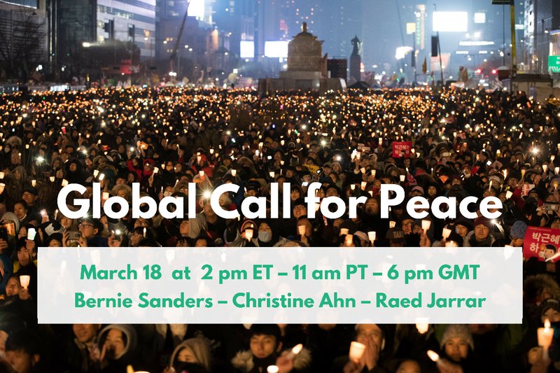 masspeaceaction's tweet photo. @BernieSanders, @christineahn, @raedjarrar will present #GlobalCallforPeace this Sunday, 2pm Eastern.  Sign Up: https://t.co/4mUq43wQ3Y. Let’s build global momentum to call for a Korea Peace Treaty to end the longest standing US War! @MoveOn #TalksNotWar #KoreaNeedsAPeaceTreaty https://t.co/Mqcu6Ho6sf
