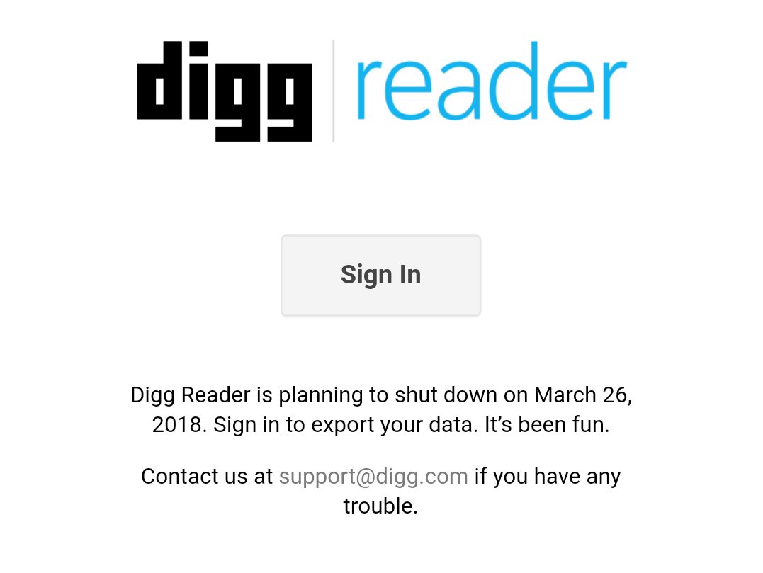 fxru's tweet photo. So, digg reader is shutting down in a few days? Oh man, I love RSS feeds and prefer them over any algorithmically messed up timeline. I didn't love digg reader, but it was ok. Does anybody know a (preferably better) alternative? #RSSFeed #diggreader https://t.co/Yh24KNzCRW