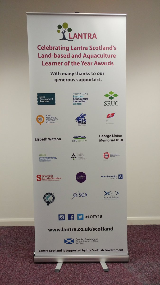 LantraScotland's tweet photo. We're very grateful to our #generous #learner of year #supporters, so here's banner that guests will see at the event! #LOTY18 https://t.co/oMu9WL4Dxd #EastertonStables #ABPFoodGroup #ForestTimberTechnologies #ScottishSalmonCo @RuralMattersSG https://t.co/8IKPkcV3Ea