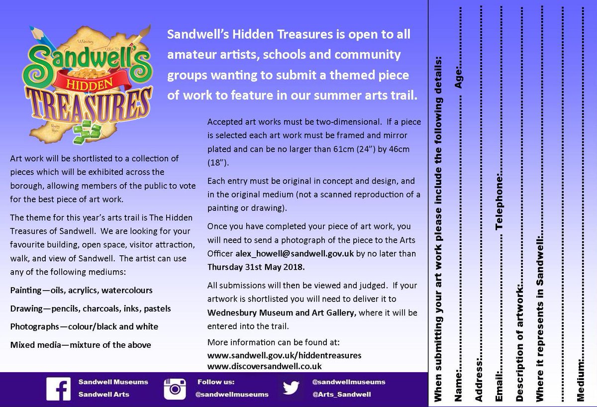 We are excited to announce the theme for this years Arts Trail!  Sandwell's Hidden Treasures! Do you have a favourite building, view, walk, green space, nook, or brook?  Submit your painting, drawing, photograph to be entered into the trail #discoversandwell