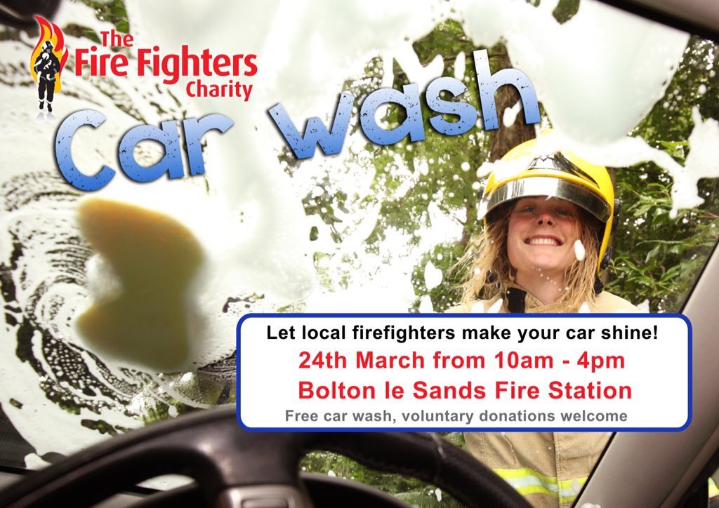 Car in need of a clean? We are doing a joint car was with Bolton le Sands Fire Station on the 24th March, we will be cleaning 10-4 🚙💦🚗 donations welcome! 😊 <a href="/LancashireFRS/">Lancashire Fire & Rescue Service</a> <a href="/firefighters999/">Fire Fighters Charity</a>