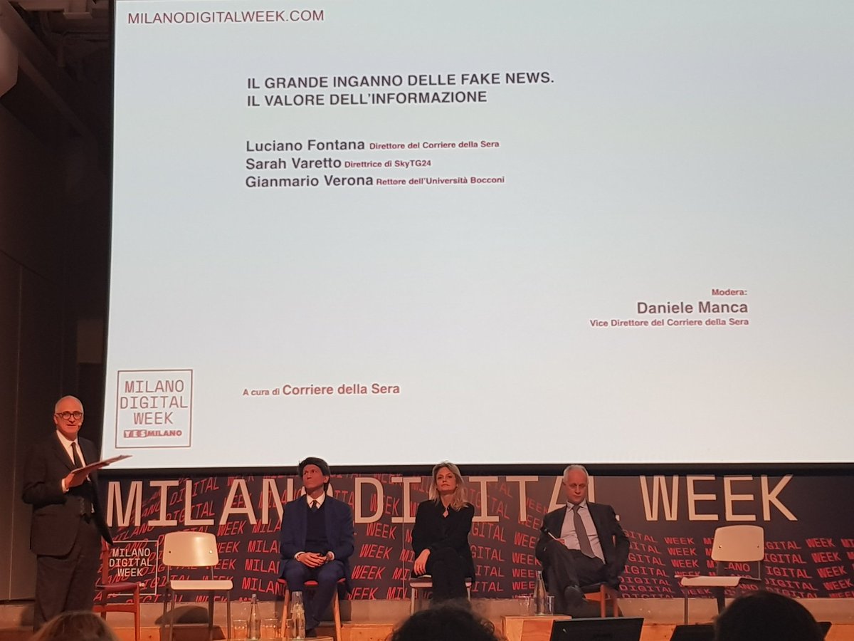 SimoMango's tweet photo. Al dibattito sulle #FakeNews intervengono:

@lucfontana
@sarahvaretto 
Gianmario Verona

Modera @Daniele_Manca

#MilanoDigitalWeek https://t.co/mgaICGm5DY